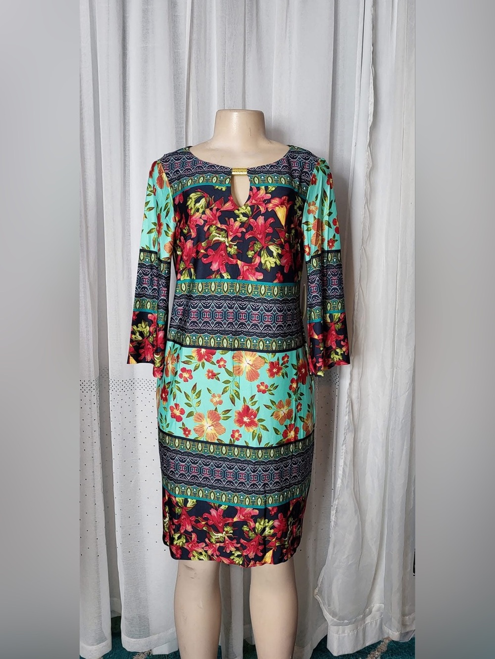 Emma & Michele Aqua Floral Midi Dress with Black Panels